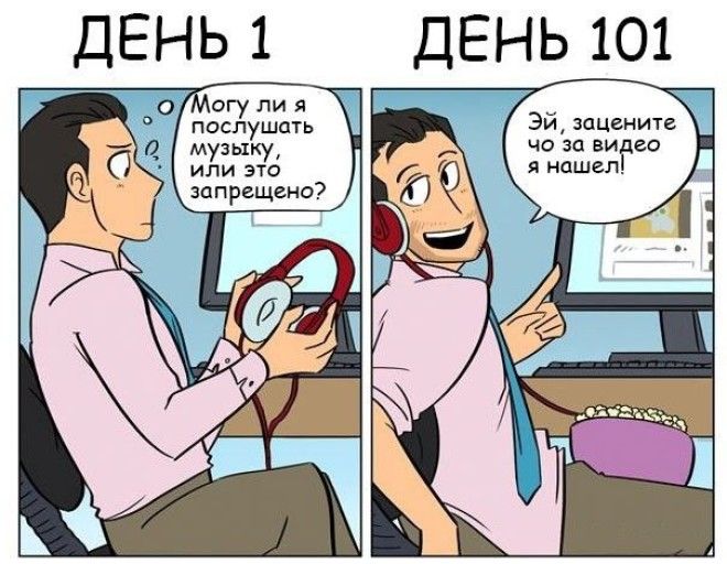 6 иллюстраций о том как сильно первый рабочий день отличается от 101го