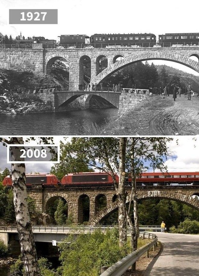 Железнодорожный мост в Хьеосене Норвегия 1927 2008 История в фотографиях бег времени города до и после изменения в мире фото фотопроект фотосвидетельства