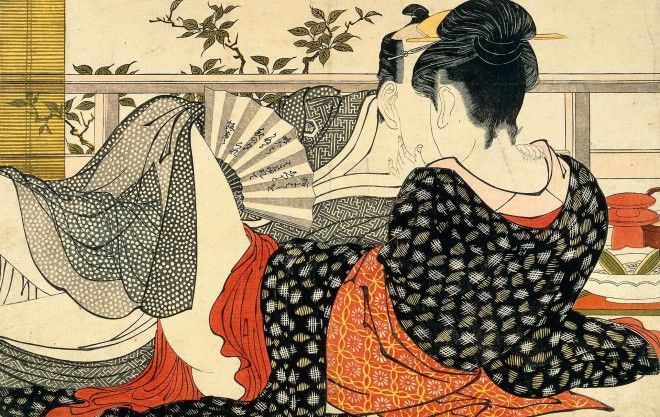 Lovers in the upstairs room of a teahouse from Utamakura Poem of the Pillow ca 1788