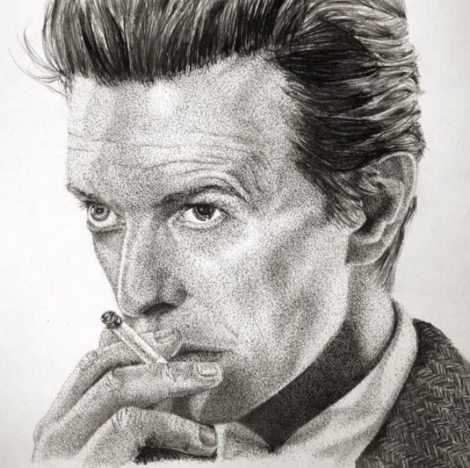 Портрет Дэвида Боуи. Покойся с миром, Зигги Стардаст! рисование точками, стиплинг, талант, художница